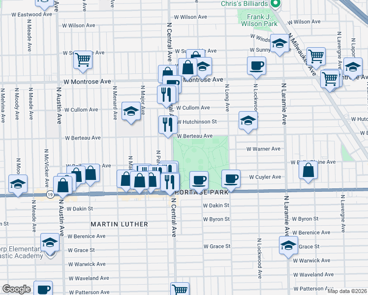 map of restaurants, bars, coffee shops, grocery stores, and more near 4100 North Long Avenue in Chicago