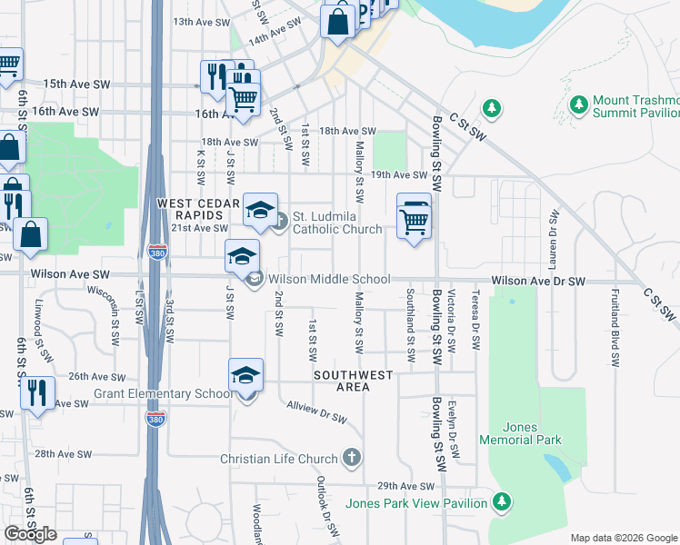 map of restaurants, bars, coffee shops, grocery stores, and more near 2215 Hamilton Street Southwest in Cedar Rapids