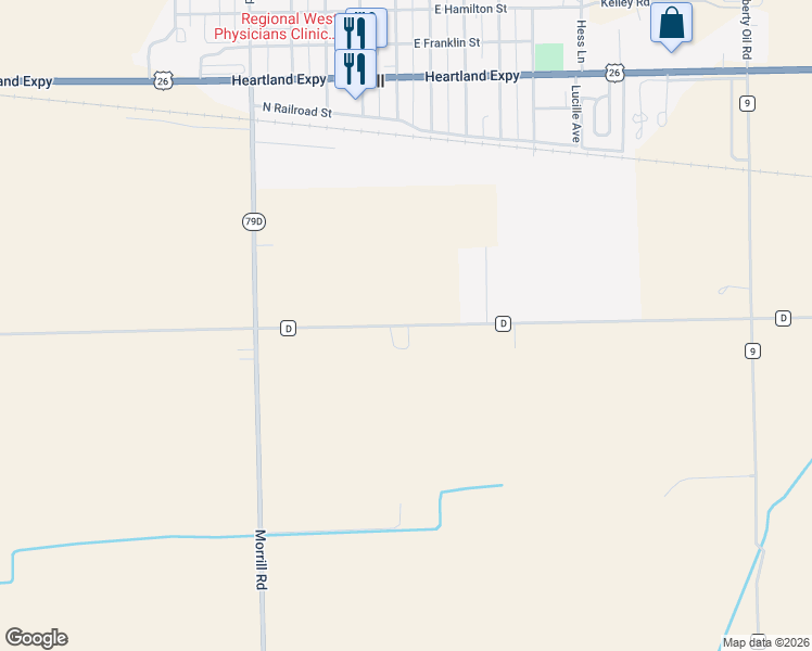 map of restaurants, bars, coffee shops, grocery stores, and more near 80308 County Road D in Morrill