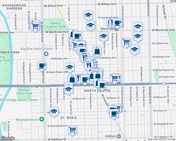 map of restaurants, bars, coffee shops, grocery stores, and more near 4100 North Lincoln Avenue in Chicago