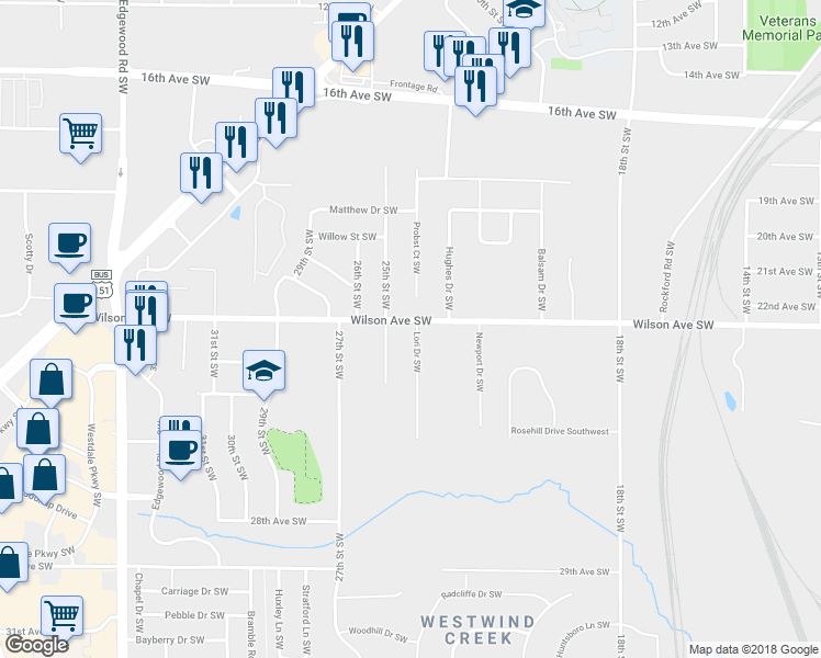 map of restaurants, bars, coffee shops, grocery stores, and more near 2321 Wilson Avenue Southwest in Cedar Rapids