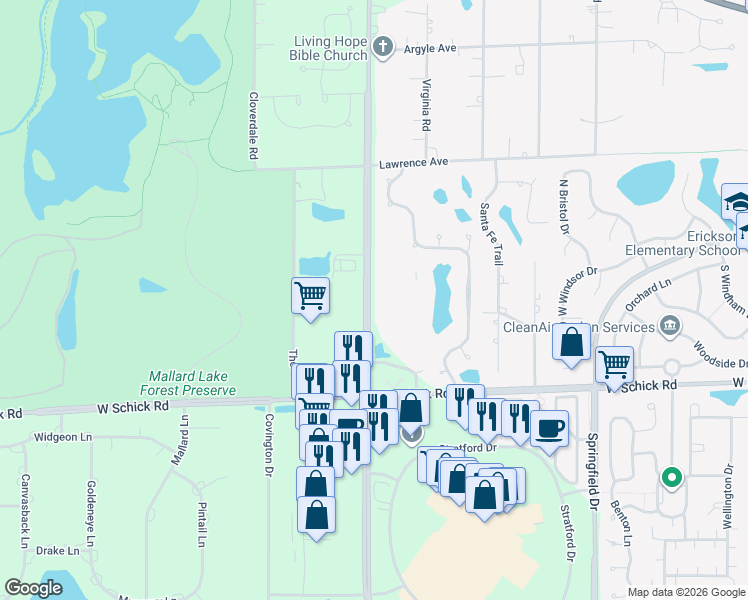 map of restaurants, bars, coffee shops, grocery stores, and more near 359 Glenwood Drive in Bloomingdale