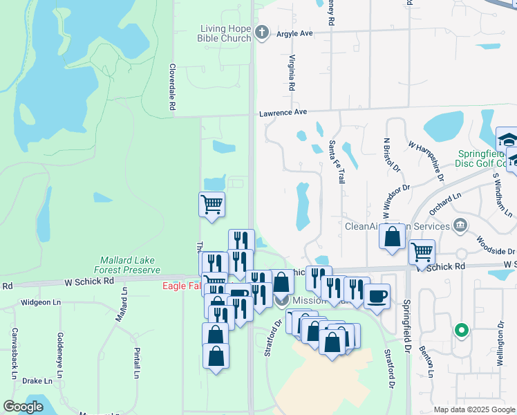 map of restaurants, bars, coffee shops, grocery stores, and more near 324 Glenwood Drive in Bloomingdale