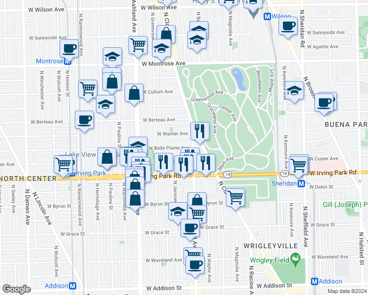 map of restaurants, bars, coffee shops, grocery stores, and more near 1400-1498 West Belle Plaine Avenue in Chicago