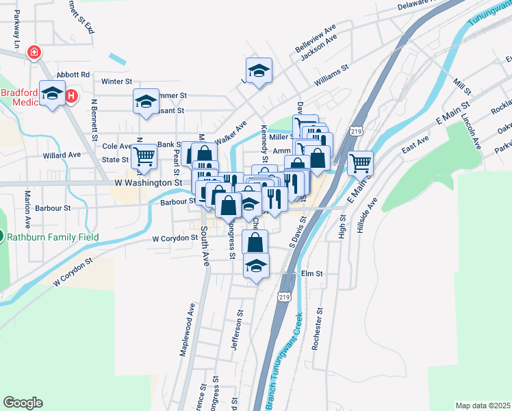 map of restaurants, bars, coffee shops, grocery stores, and more near 1-21 Kennedy St in Bradford