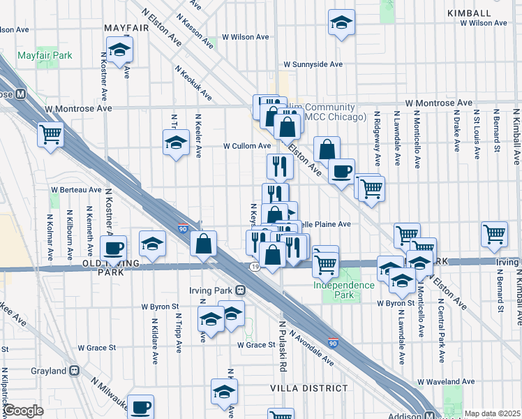 map of restaurants, bars, coffee shops, grocery stores, and more near 4135 North Keystone Avenue in Chicago