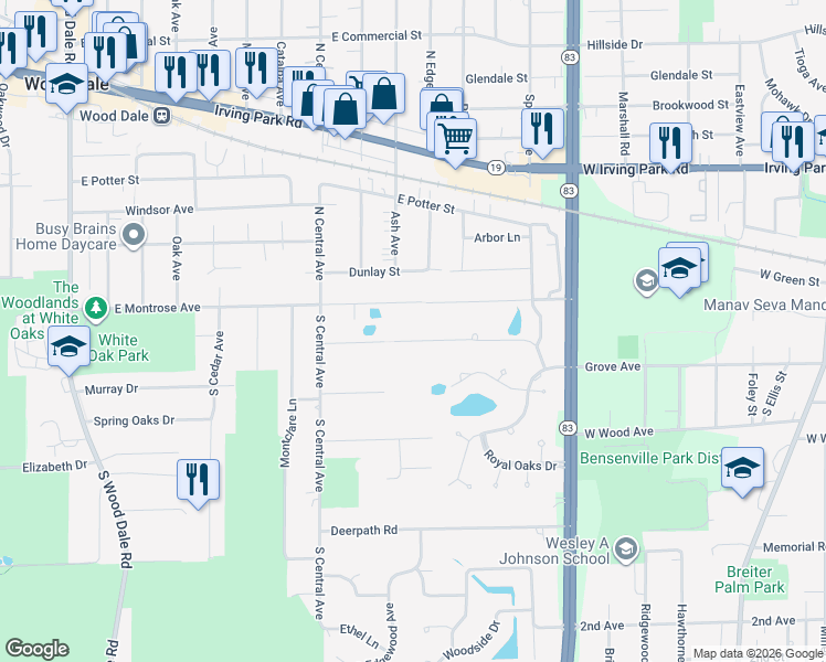 map of restaurants, bars, coffee shops, grocery stores, and more near 394 East Montrose Avenue in Wood Dale