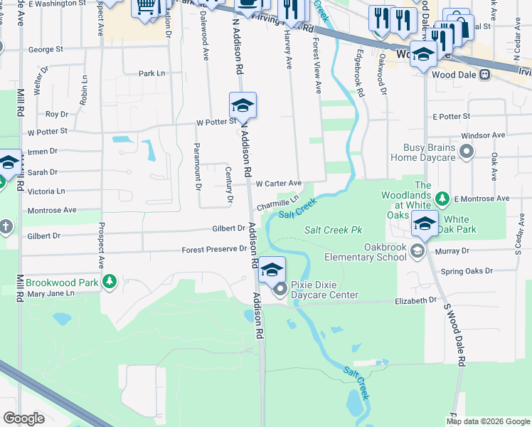 map of restaurants, bars, coffee shops, grocery stores, and more near 320 Charmille Lane in Wood Dale