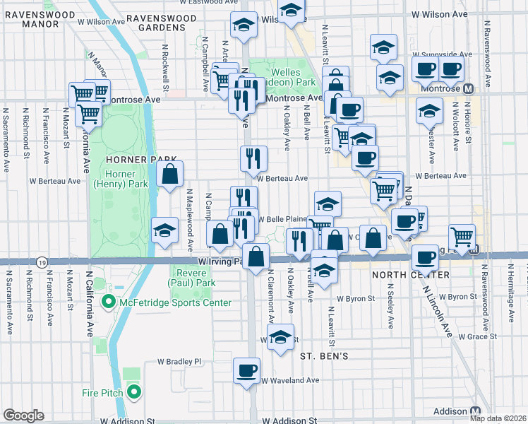 map of restaurants, bars, coffee shops, grocery stores, and more near 4108 North Claremont Avenue in Chicago