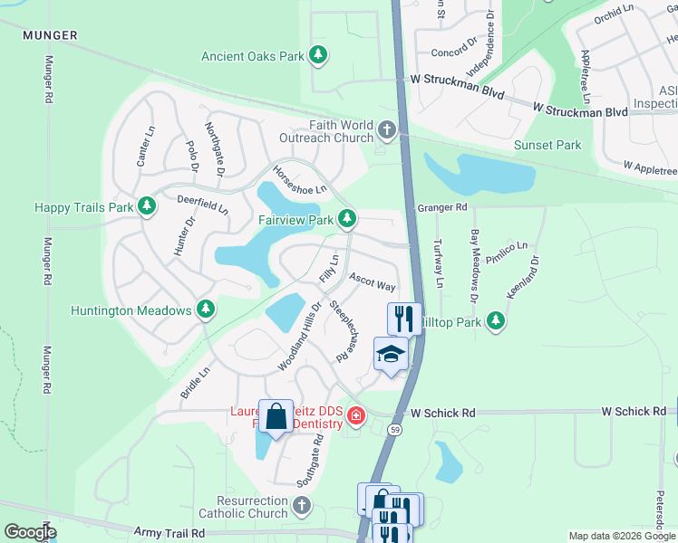 map of restaurants, bars, coffee shops, grocery stores, and more near 1307 Filly Lane in Bartlett