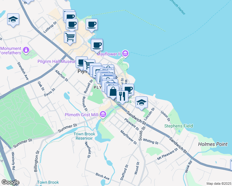 map of restaurants, bars, coffee shops, grocery stores, and more near 20 Leyden Street in Plymouth