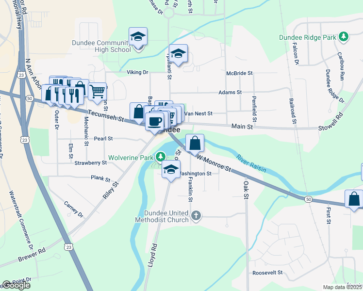 map of restaurants, bars, coffee shops, grocery stores, and more near 220 East Main Street in Dundee