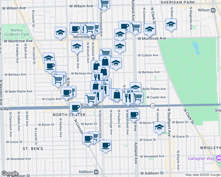 map of restaurants, bars, coffee shops, grocery stores, and more near 4107 North Hermitage Avenue in Chicago