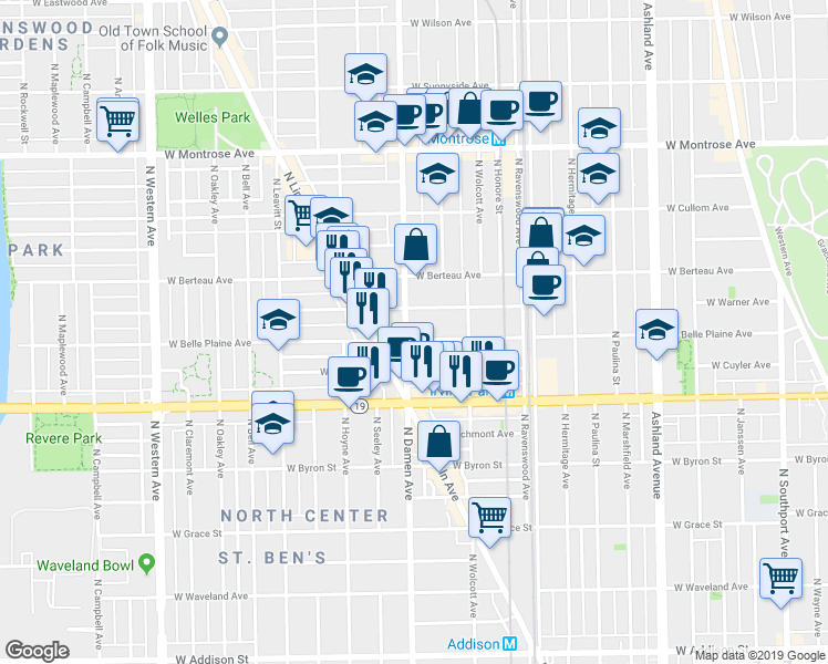 map of restaurants, bars, coffee shops, grocery stores, and more near 1941 West Warner Avenue in Chicago