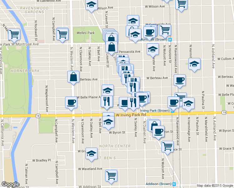 map of restaurants, bars, coffee shops, grocery stores, and more near 2151 West Warner Avenue in Chicago
