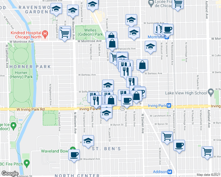 map of restaurants, bars, coffee shops, grocery stores, and more near 4118 North Leavitt Street in Chicago