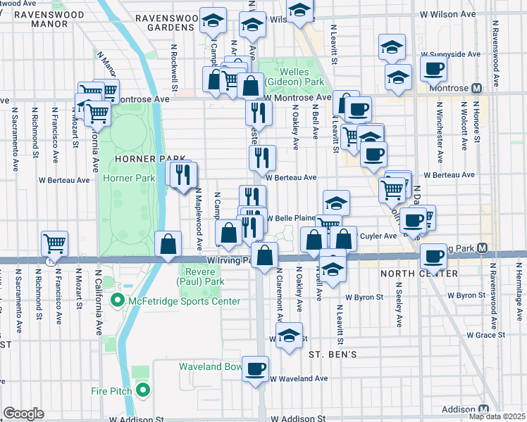 map of restaurants, bars, coffee shops, grocery stores, and more near 4121 North Western Avenue in Chicago