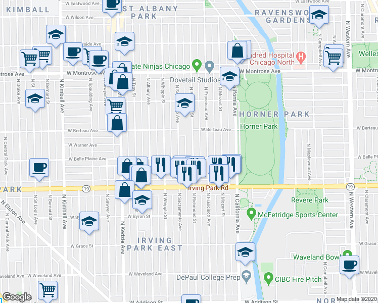 map of restaurants, bars, coffee shops, grocery stores, and more near 4122 North Richmond Street in Chicago