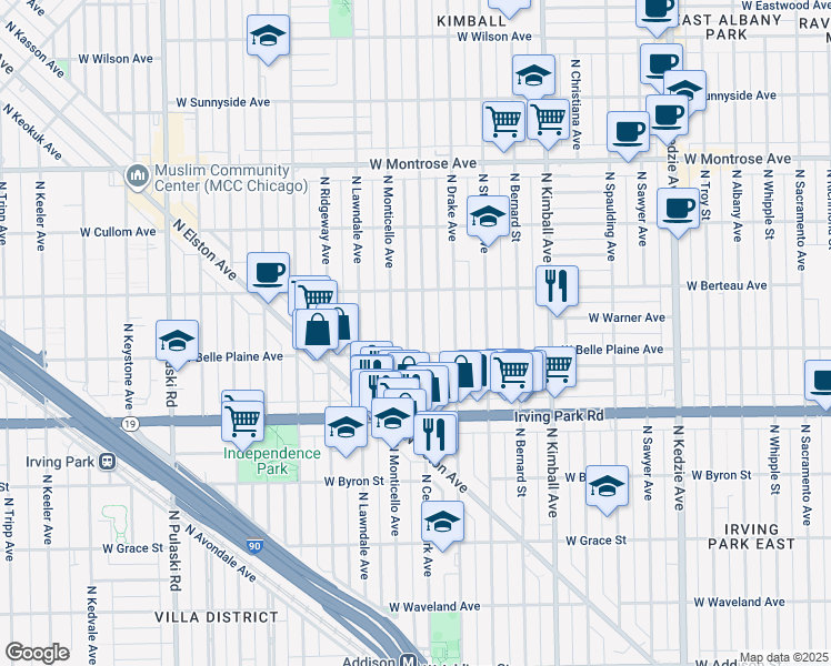 map of restaurants, bars, coffee shops, grocery stores, and more near 4129 North Monticello Avenue in Chicago