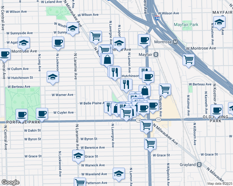 map of restaurants, bars, coffee shops, grocery stores, and more near 4156 North Milwaukee Avenue in Chicago