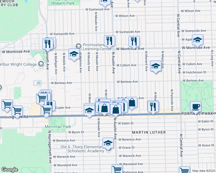 map of restaurants, bars, coffee shops, grocery stores, and more near 4158 North McVicker Avenue in Chicago
