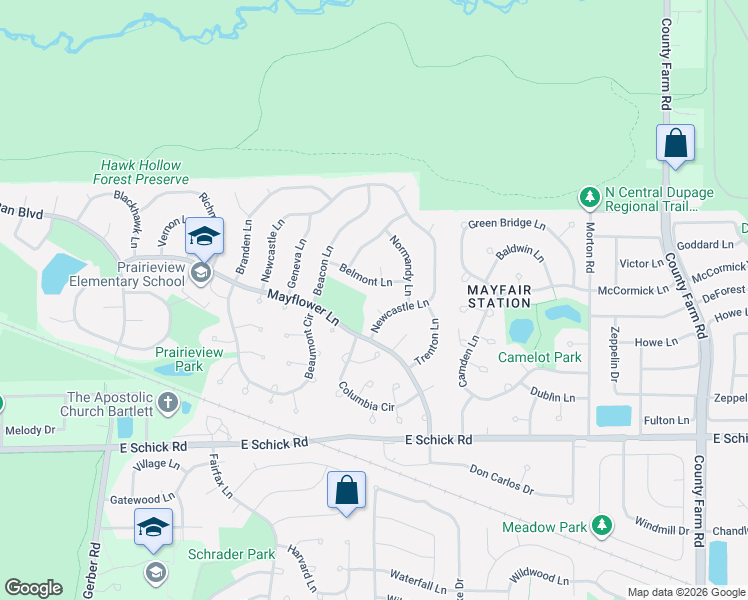 map of restaurants, bars, coffee shops, grocery stores, and more near 435 Belmont Lane in Bartlett