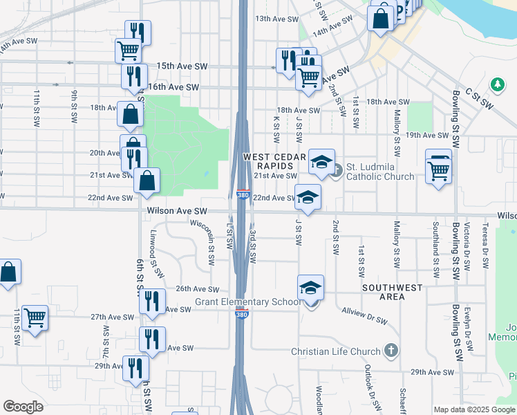 map of restaurants, bars, coffee shops, grocery stores, and more near 283-287 22nd Avenue Southwest in Cedar Rapids