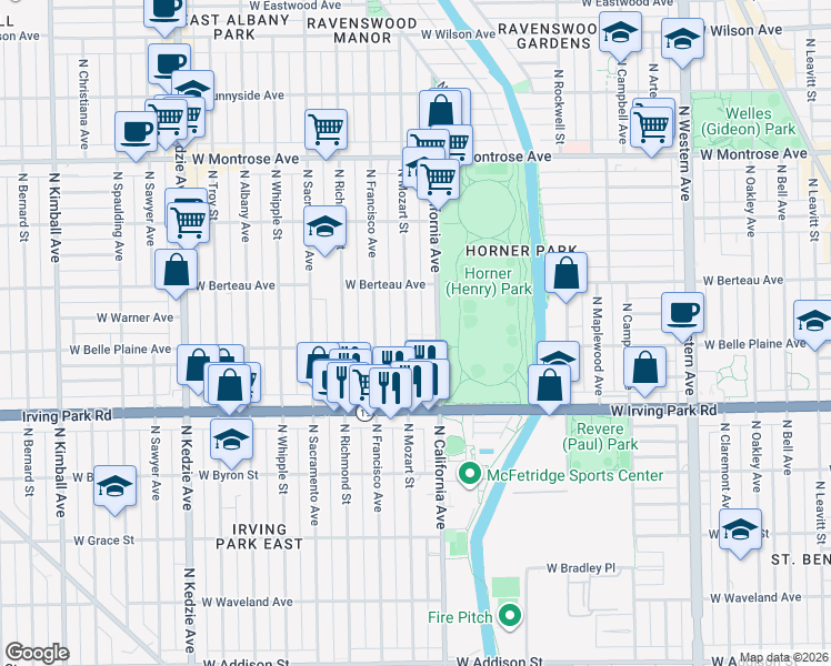 map of restaurants, bars, coffee shops, grocery stores, and more near 4121 North Mozart Street in Chicago