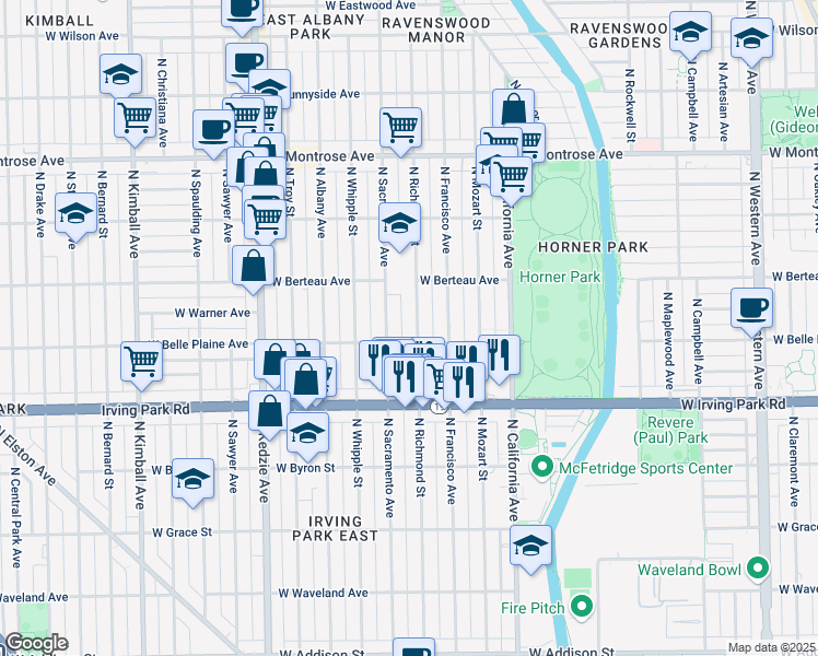 map of restaurants, bars, coffee shops, grocery stores, and more near 4122 North Richmond Street in Chicago
