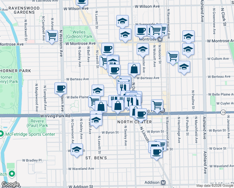 map of restaurants, bars, coffee shops, grocery stores, and more near 4124 North Lincoln Avenue in Chicago