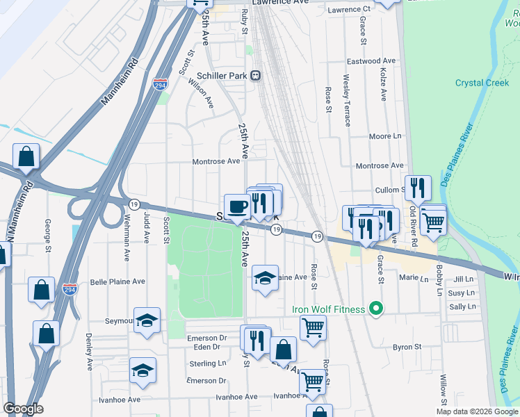 map of restaurants, bars, coffee shops, grocery stores, and more near 4240 Atlantic Avenue in Schiller Park