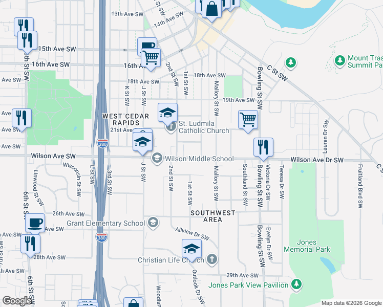 map of restaurants, bars, coffee shops, grocery stores, and more near 191 22nd Avenue Southwest in Cedar Rapids