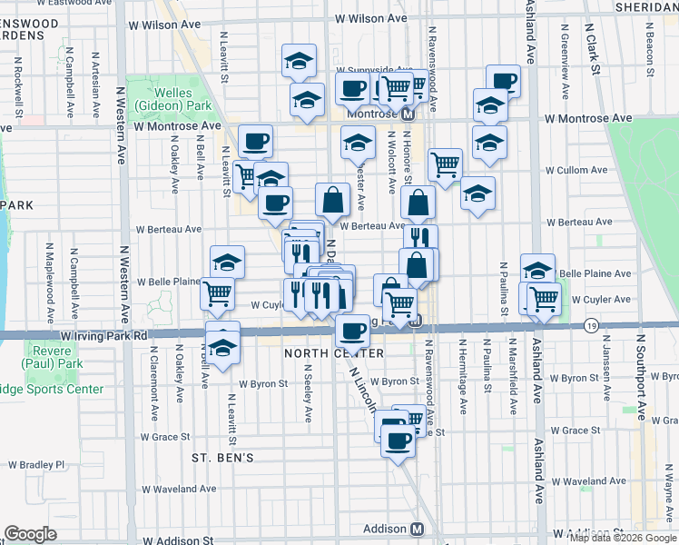 map of restaurants, bars, coffee shops, grocery stores, and more near 1941 West Warner Avenue in Chicago