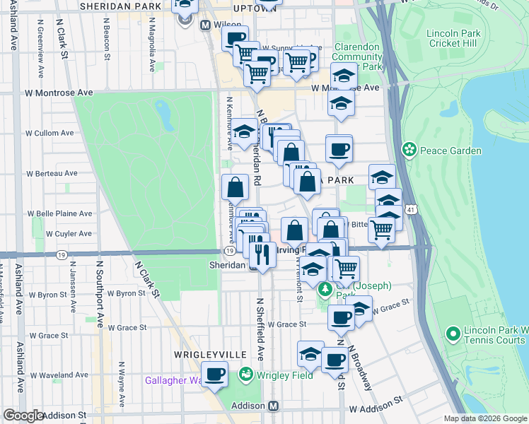 map of restaurants, bars, coffee shops, grocery stores, and more near 947 West Belle Plaine Avenue in Chicago