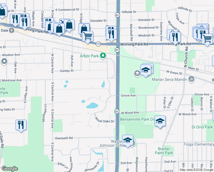 map of restaurants, bars, coffee shops, grocery stores, and more near 120 South Spruce Avenue in Wood Dale