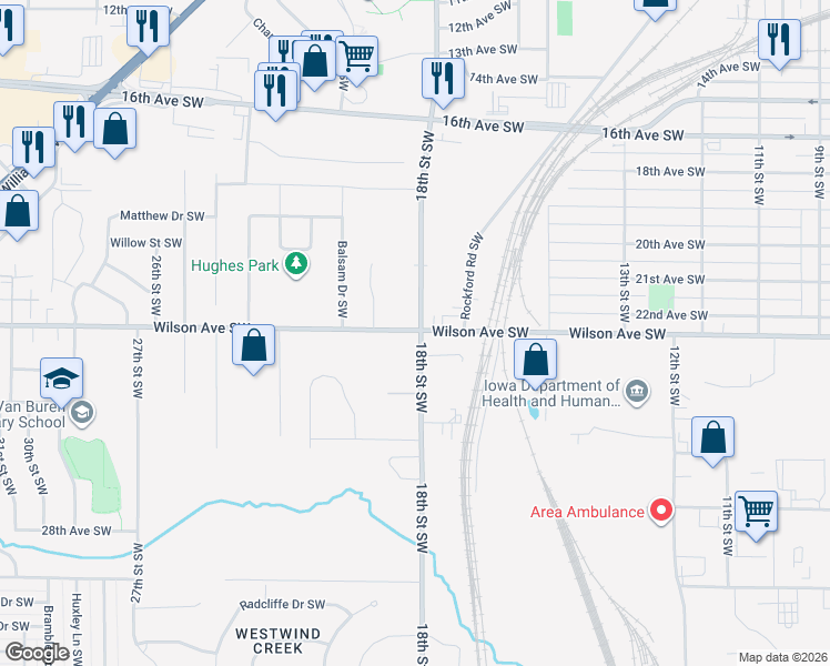 map of restaurants, bars, coffee shops, grocery stores, and more near 2129 18th Street Southwest in Cedar Rapids