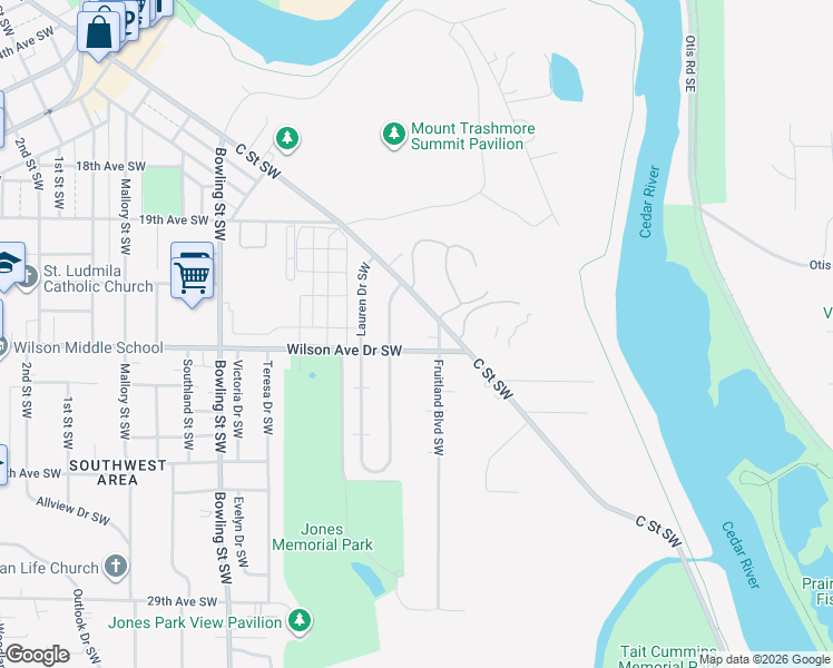 map of restaurants, bars, coffee shops, grocery stores, and more near 602 Wilson Avenue Drive Southwest in Cedar Rapids
