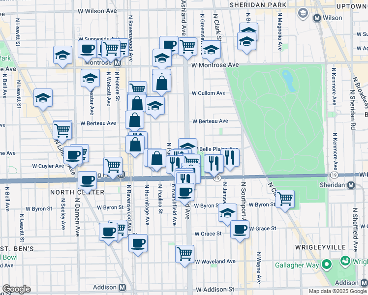 map of restaurants, bars, coffee shops, grocery stores, and more near 1600 West Belle Plaine Avenue in Chicago