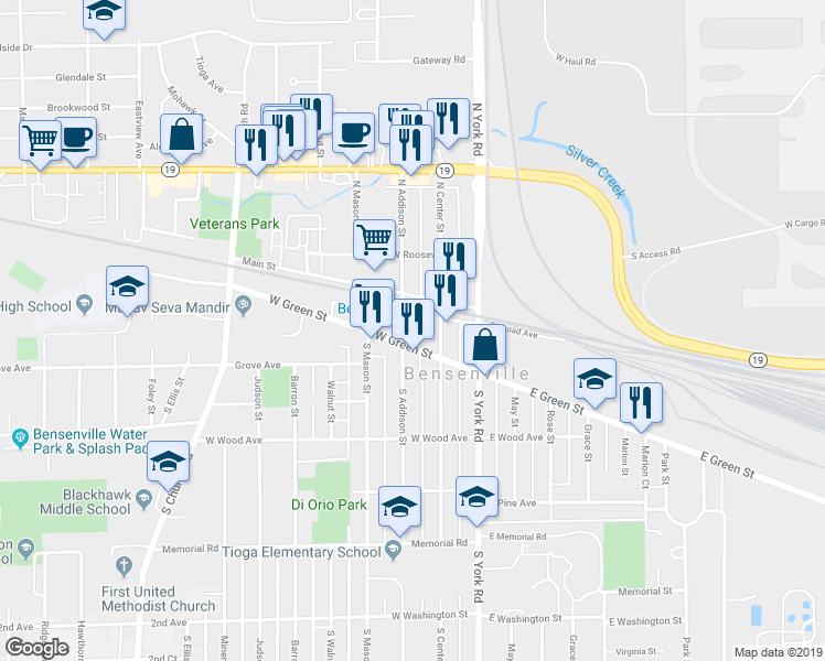 map of restaurants, bars, coffee shops, grocery stores, and more near 193 South Addison Street in Bensenville