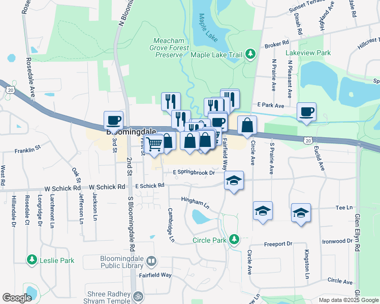 map of restaurants, bars, coffee shops, grocery stores, and more near 136 E Lake St in Bloomingdale