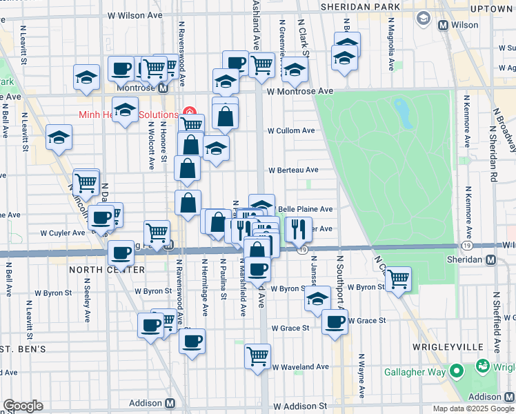 map of restaurants, bars, coffee shops, grocery stores, and more near 4109 North Ashland Avenue in Chicago