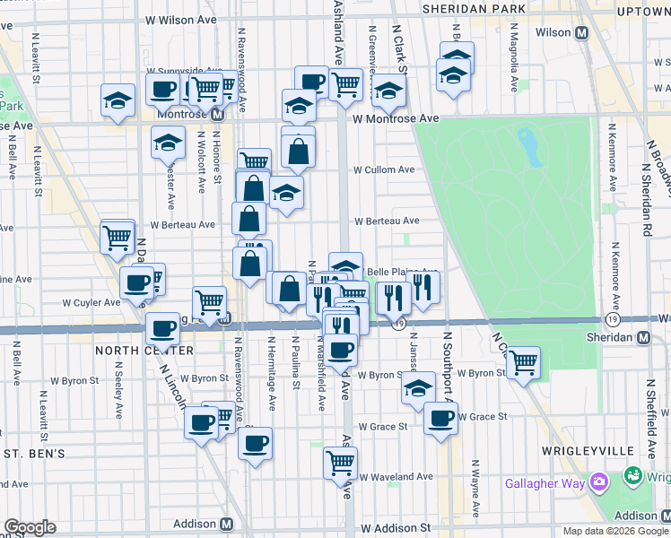 map of restaurants, bars, coffee shops, grocery stores, and more near 4109 North Ashland Avenue in Chicago