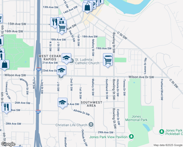 map of restaurants, bars, coffee shops, grocery stores, and more near 2215 Hamilton Street Southwest in Cedar Rapids