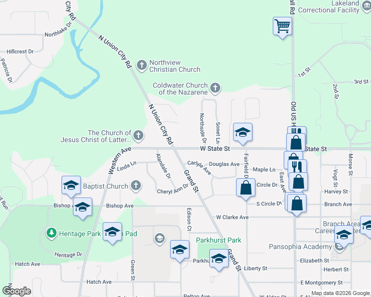 map of restaurants, bars, coffee shops, grocery stores, and more near 210 West State Street in Coldwater
