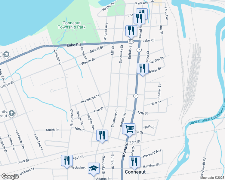 map of restaurants, bars, coffee shops, grocery stores, and more near 744 Mill Street in Conneaut