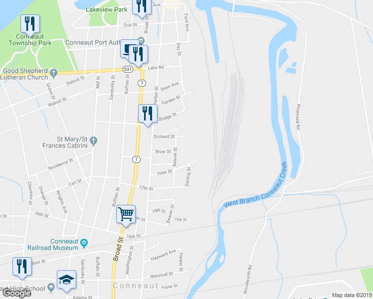 map of restaurants, bars, coffee shops, grocery stores, and more near 663 Beaver Street in Conneaut