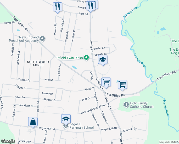 map of restaurants, bars, coffee shops, grocery stores, and more near 91 Daro Drive in Enfield