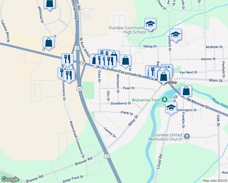 map of restaurants, bars, coffee shops, grocery stores, and more near 210 Mechanic Street in Dundee
