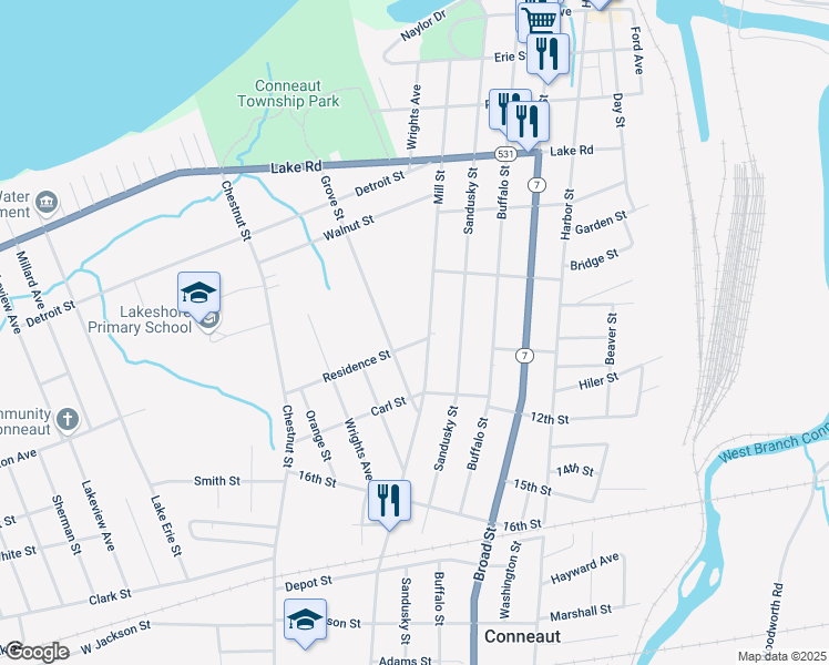 map of restaurants, bars, coffee shops, grocery stores, and more near 742 Grove Street in Conneaut