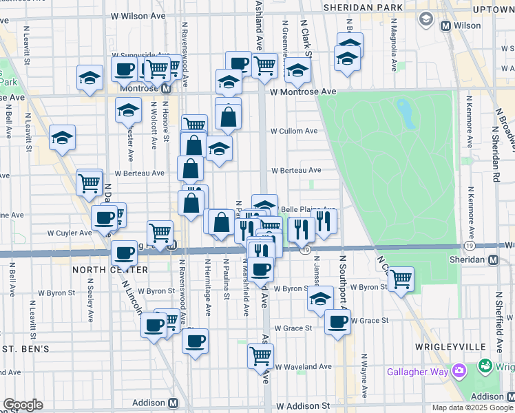 map of restaurants, bars, coffee shops, grocery stores, and more near 4109 North Ashland Avenue in Chicago